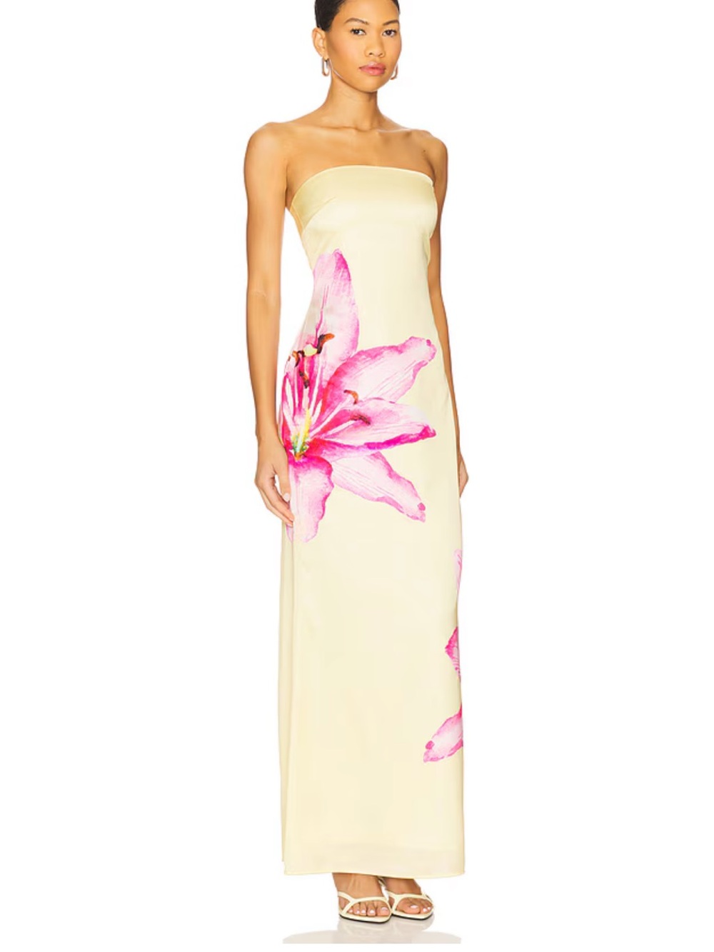 Strapless Cream Maxi Dress with Pink Floral Detail